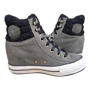 Converse 2014 Platform Plus Sherpa Hidden Wedge Grey Suede Sneaker Boot 7.5